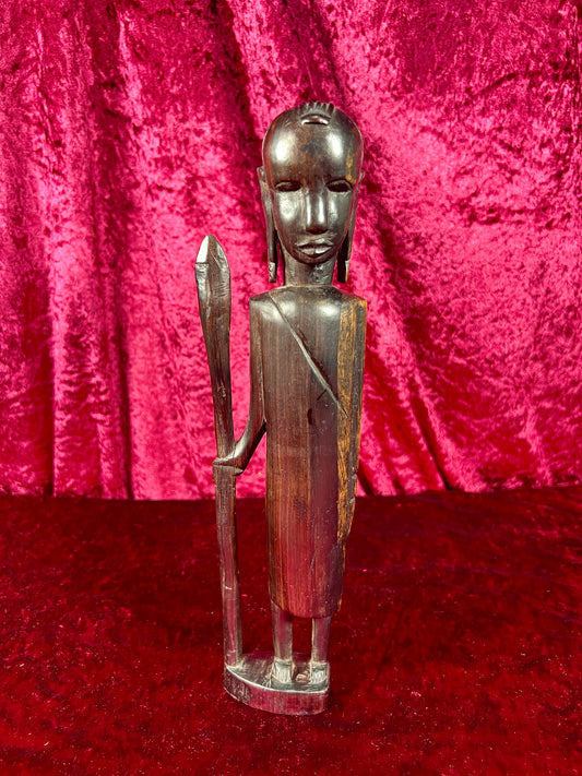 Vintage Home Decor - Hand Carved Ebony Wood Statue - African Warrior - 13.5"