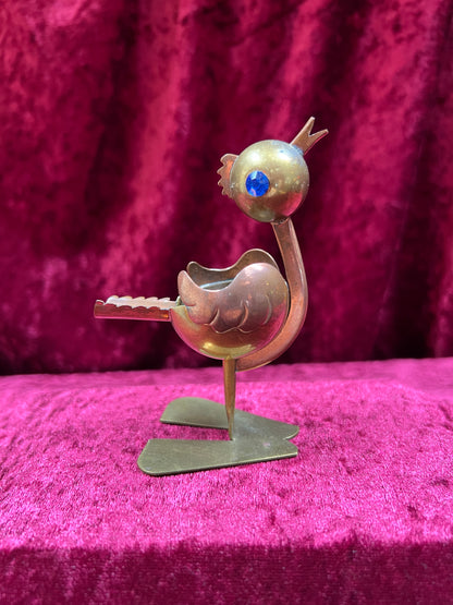 Vintage Ashtray - Mixed Metal Copper Bird with Blue Rhinestone Eyes - Mexico