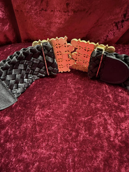 Vintage Accessories - Rainbow Gemstone Belt Buckle on Woven Black Belt - 27”
