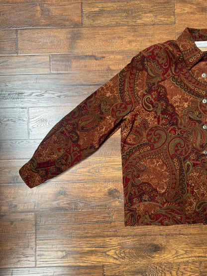 Vintage Clothing - Long Sleeve Button Up Shirt - Dark Orange Paisley - Draper’s & Damon’s Petites - X-Large