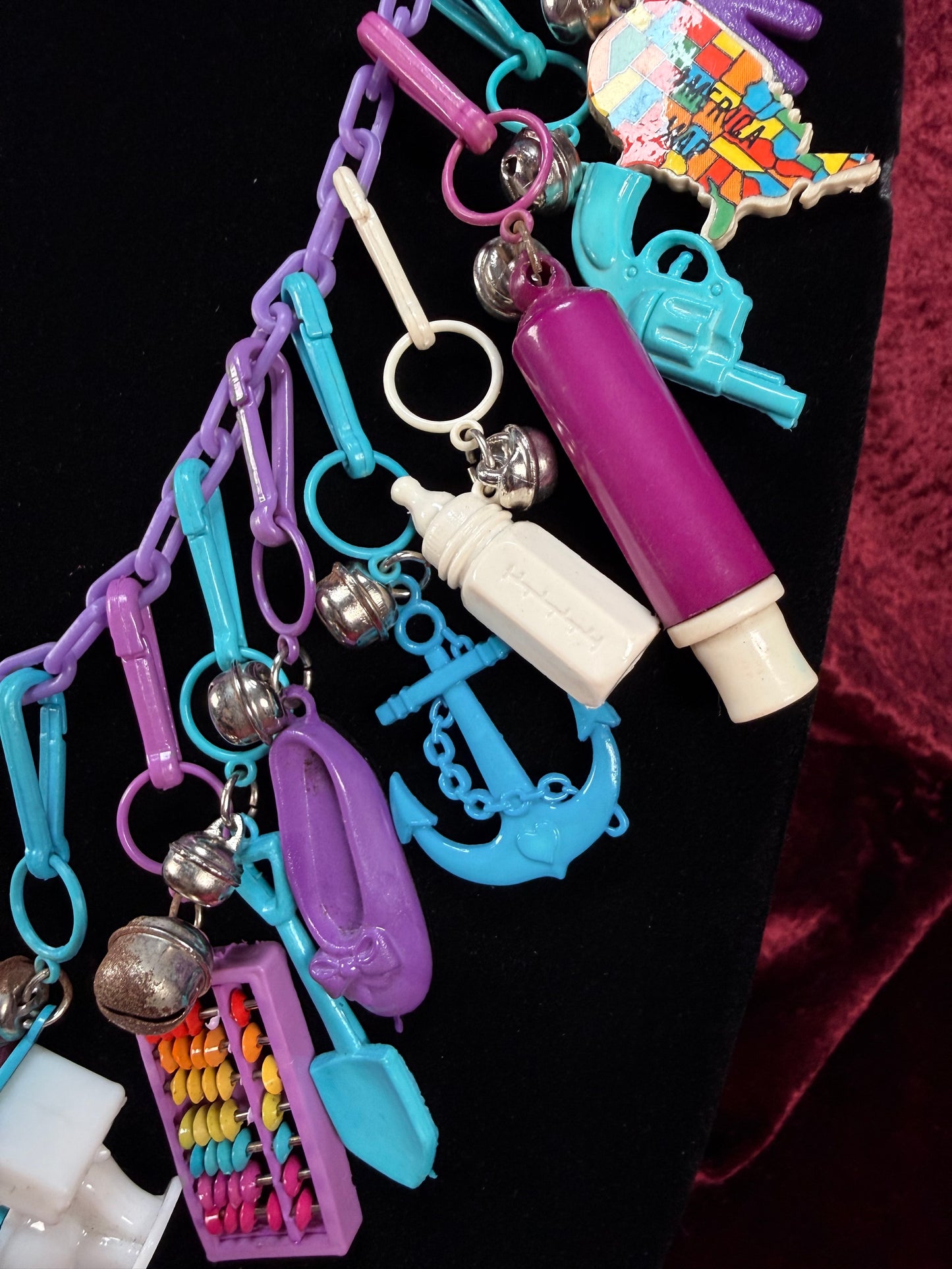 Vintage 1980s Plastic Chain Charm Necklace - 20 Bell Charms - Purple & Aqua Blue