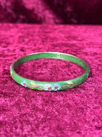Vintage Jewelry - Cloisonne Bangle Bracelet - Pink and Blue Flowers on Green