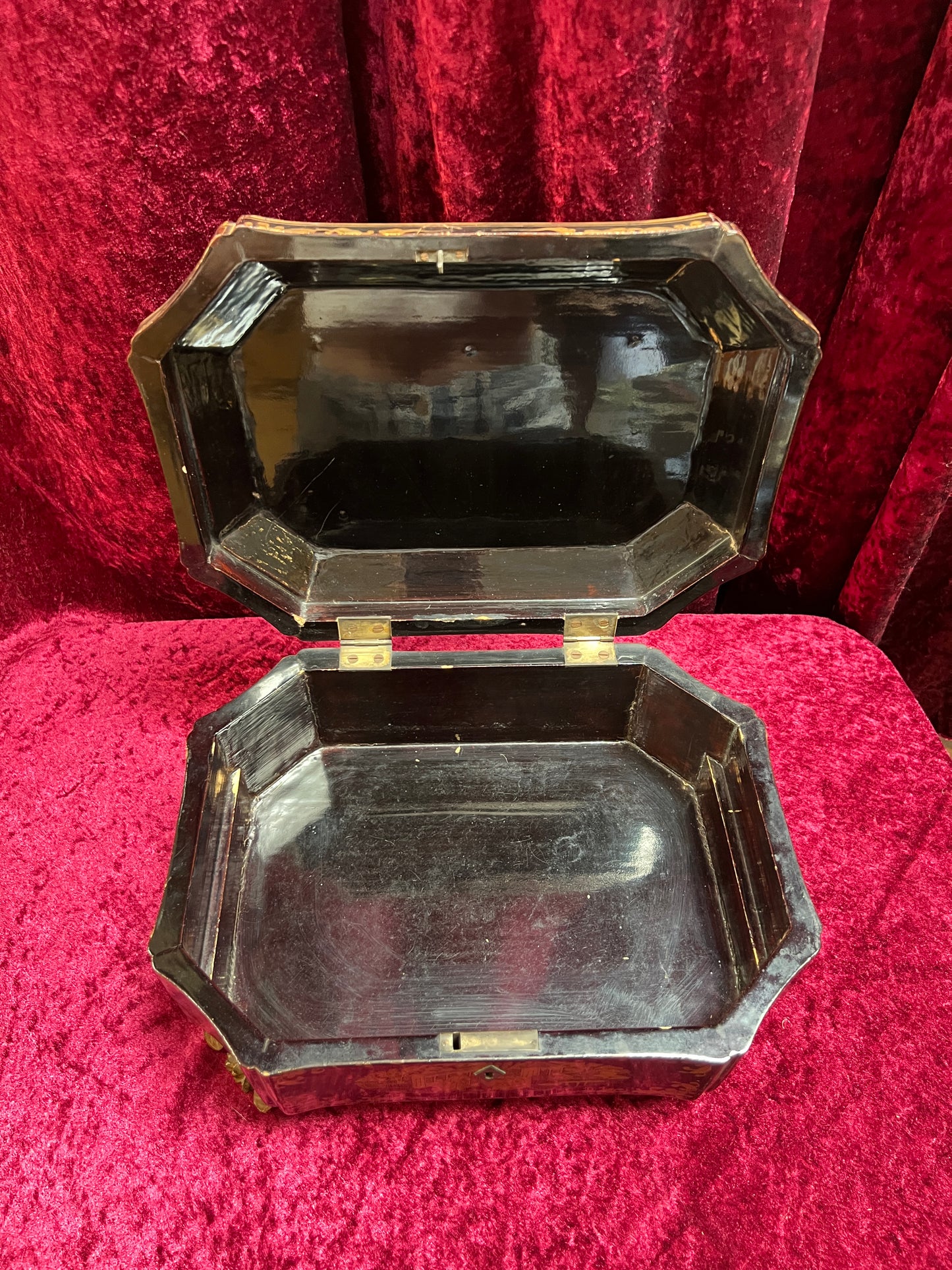 Antique Sewing Kit - Black Lacquer Ladies Work Box - Octagonal 19th Century Asian Chinoiserie