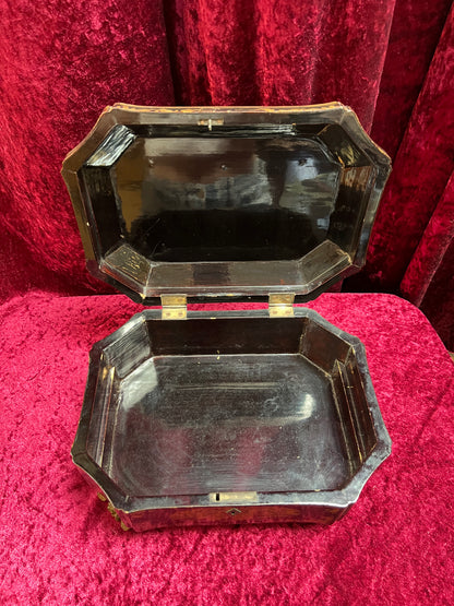 Antique Sewing Kit - Black Lacquer Ladies Work Box - Octagonal 19th Century Asian Chinoiserie
