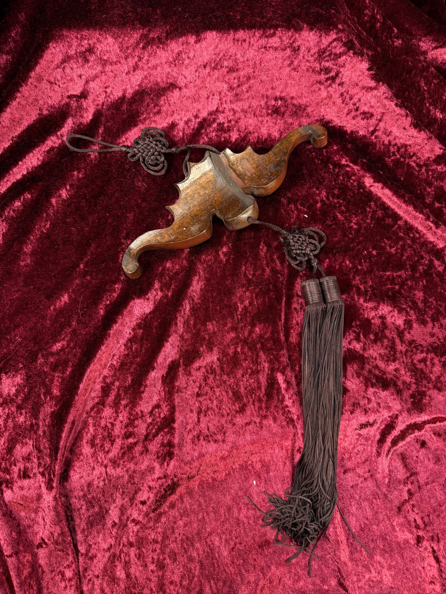 Vintage Wood Wall Hanging – Asian Carved Bat Sculpture with Knotted Tassel