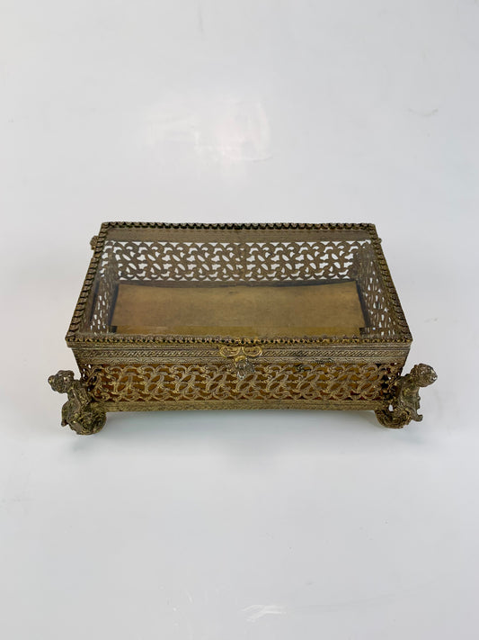 Vintage Jewelry Casket - Ormolu Felt Lined Box with Beveled Glass - Cherub Feet