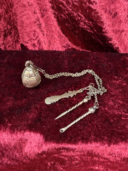 Antique Silver Opium Chatelaine – Flower Topped Picks with Locket Ball - Late Qing Dynasty