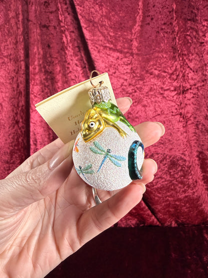 Vintage Christmas - Handblown Glass Clip On Ornament - Spring Chameleon and Butterflies - Patricia Breen - Poland