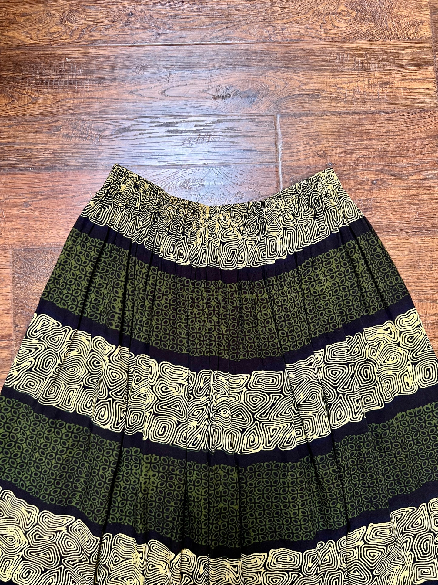 Vintage Gauzy Cotton Blend Full Length Skirt – Tiki Style Pattern with Fringe Hem - Ruby's Moods