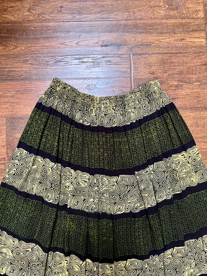 Vintage Gauzy Cotton Blend Full Length Skirt – Tiki Style Pattern with Fringe Hem - Ruby's Moods