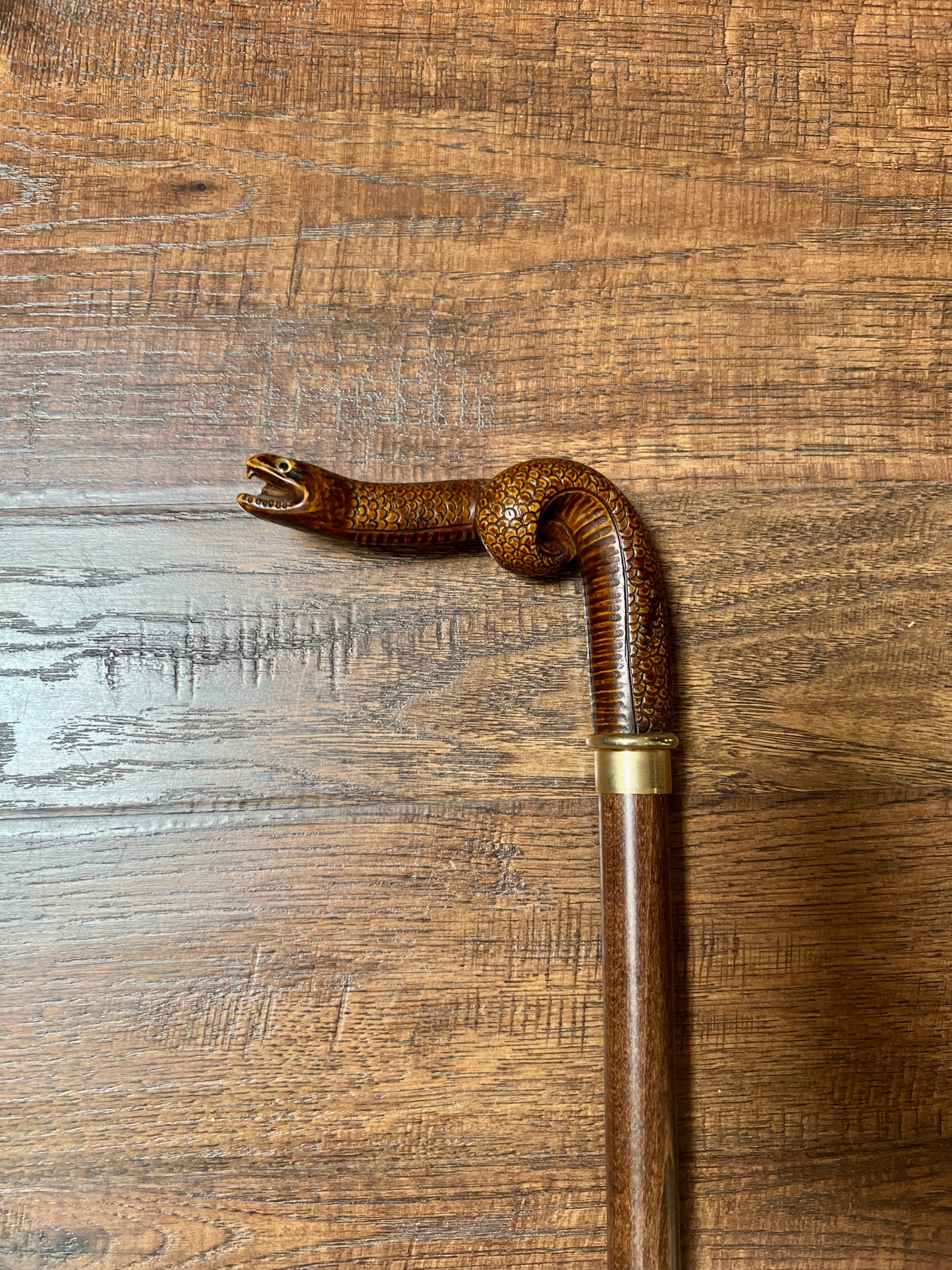 Vintage Wood Walking Cane – Hand Carved Snake Head Handle Antique Style