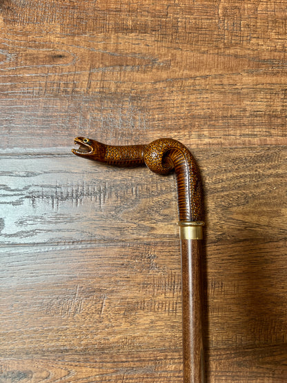 Vintage Wood Walking Cane – Hand Carved Snake Head Handle Antique Style