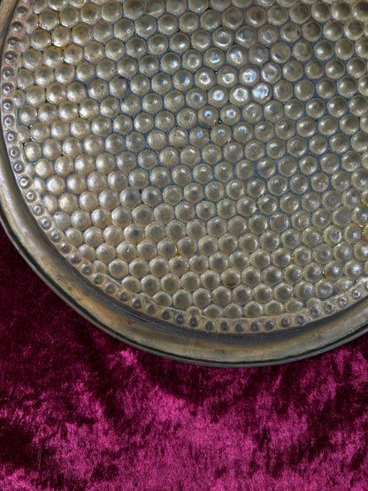 Vintage Brass Tray - Hammered Honeycomb Pattern Round Serving Platter