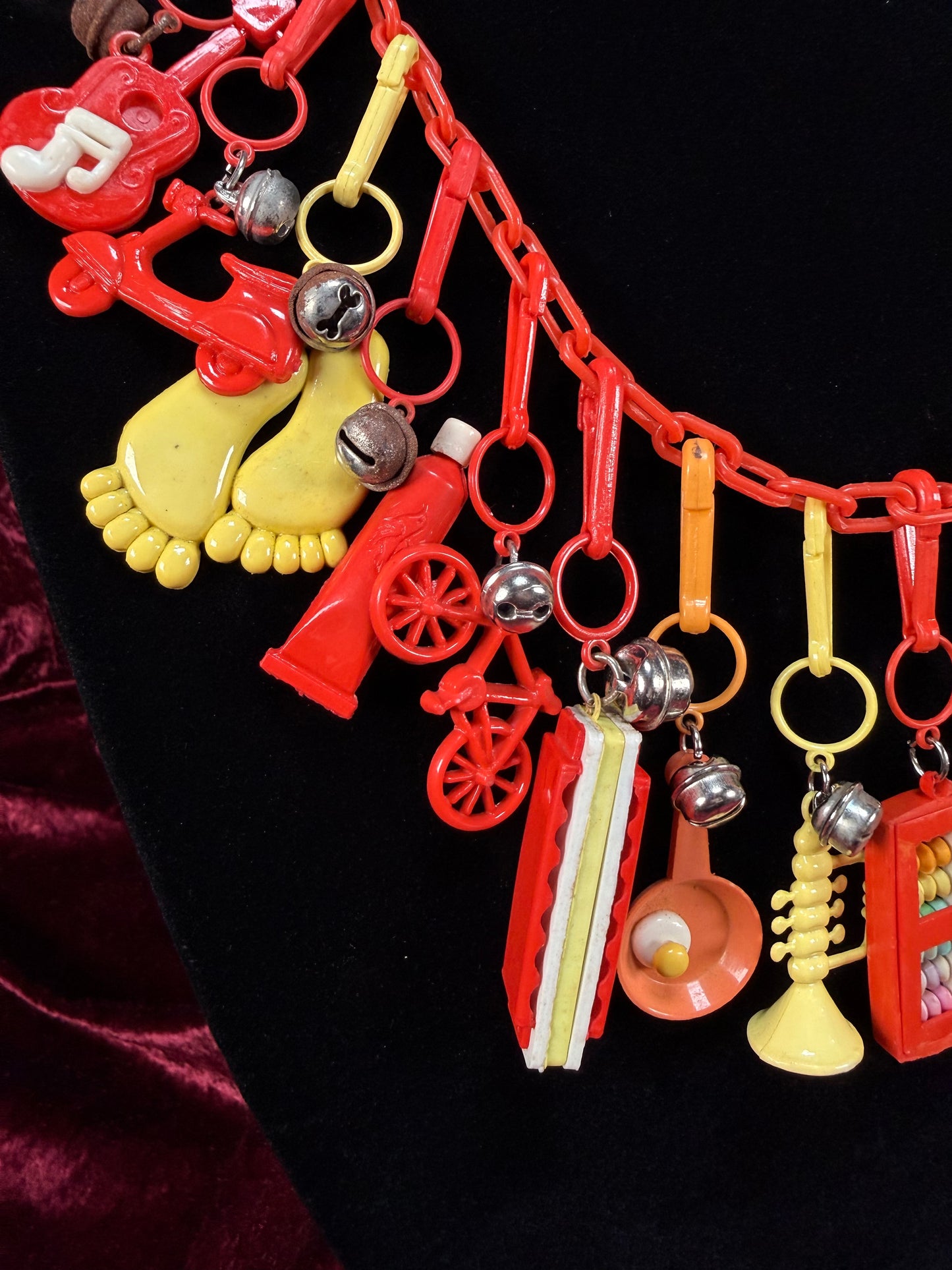 Vintage 1980s Plastic Chain Charm Necklace - 17 Bell Charms - Red Orange Yellow