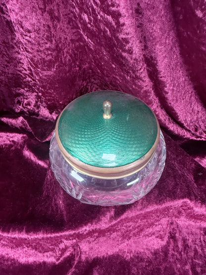 Vintage Cut Crystal Vanity Jar – Green Guilloché Style Lid Dresser Box