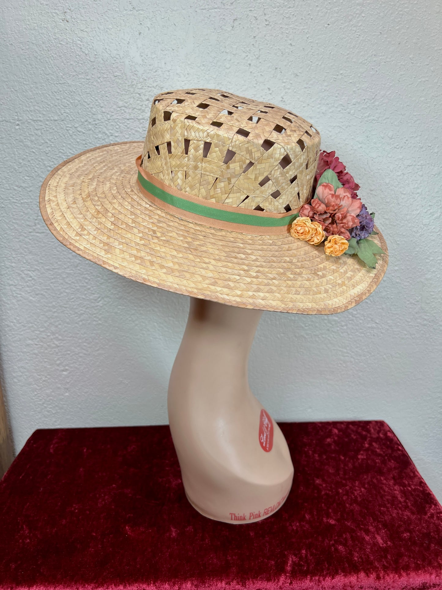 Vintage Accessories - Straw Sun Hat - Faux Flowers on Ribbon - Medium - The Hat Factory