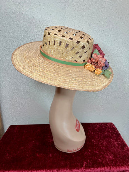 Vintage Accessories - Straw Sun Hat - Faux Flowers on Ribbon - Medium - The Hat Factory