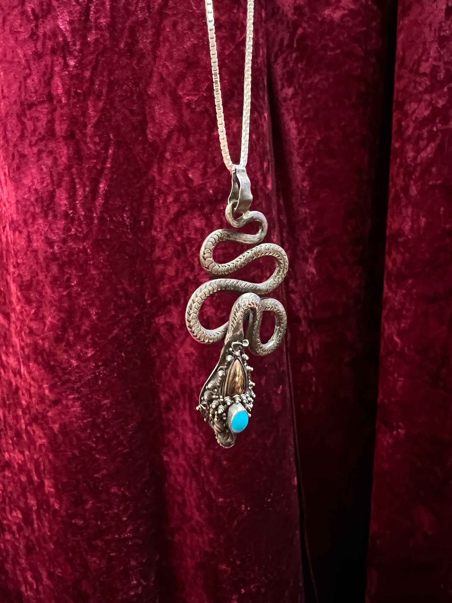 Vintage 925 Sterling Silver Snake Necklace – Turquoise Accent Serpent Pendant