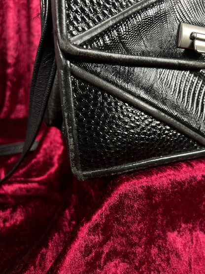 Vintage Y2K Black Leather Shoulder Bag - Reptile Embossed Patchwork Purse