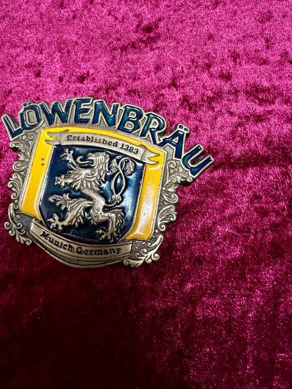 Vintage Solid Brass Belt Buckle - Löwenbräu Munich Brewery Crest - 1982 Baron Buckles