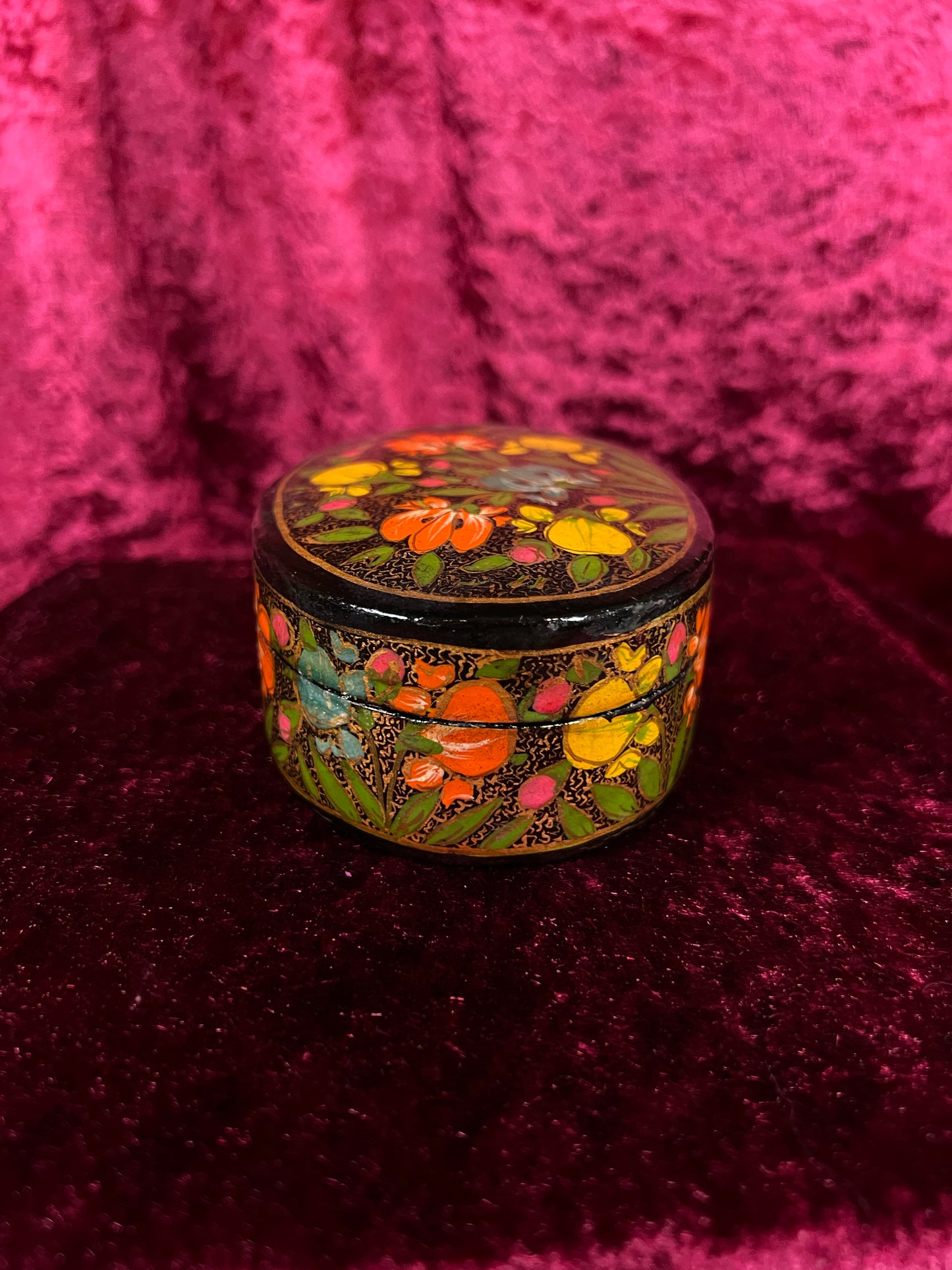 Vintage Papier Mache Trinket Box - Hand Painted Floral Kashmir Style