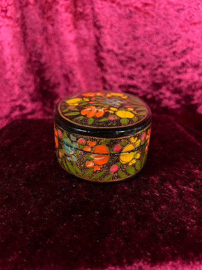 Vintage Papier Mache Trinket Box - Hand Painted Floral Kashmir Style