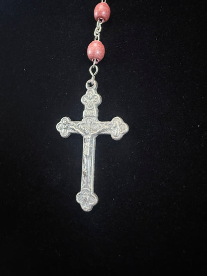 Vintage Wood Bead Catholic Rosary - Red Stained Beads with Ornate Crucifix