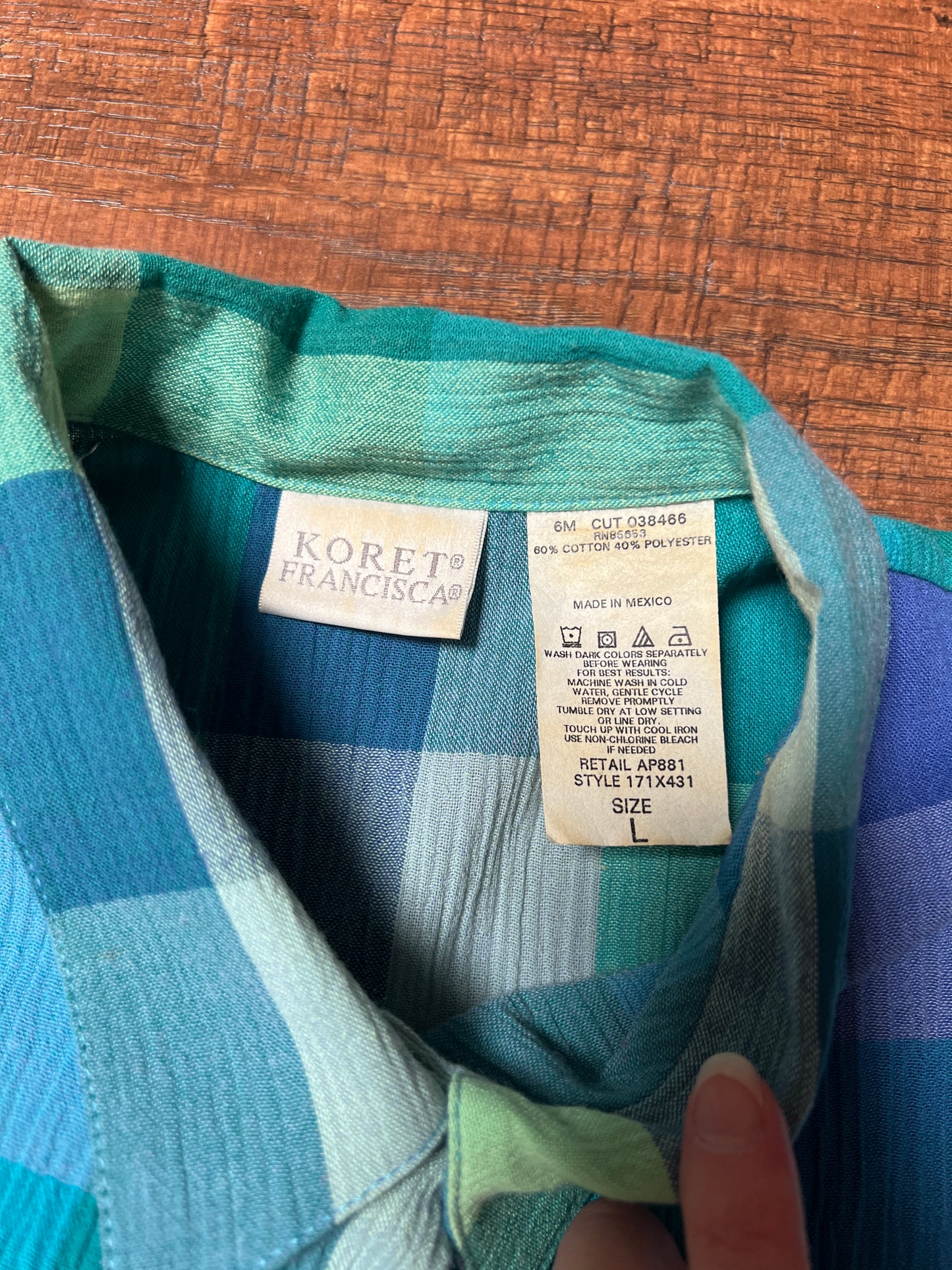 Vintage Koret Francisca Cotton Blend Blouse – Blue Green Plaid Button Up – Large