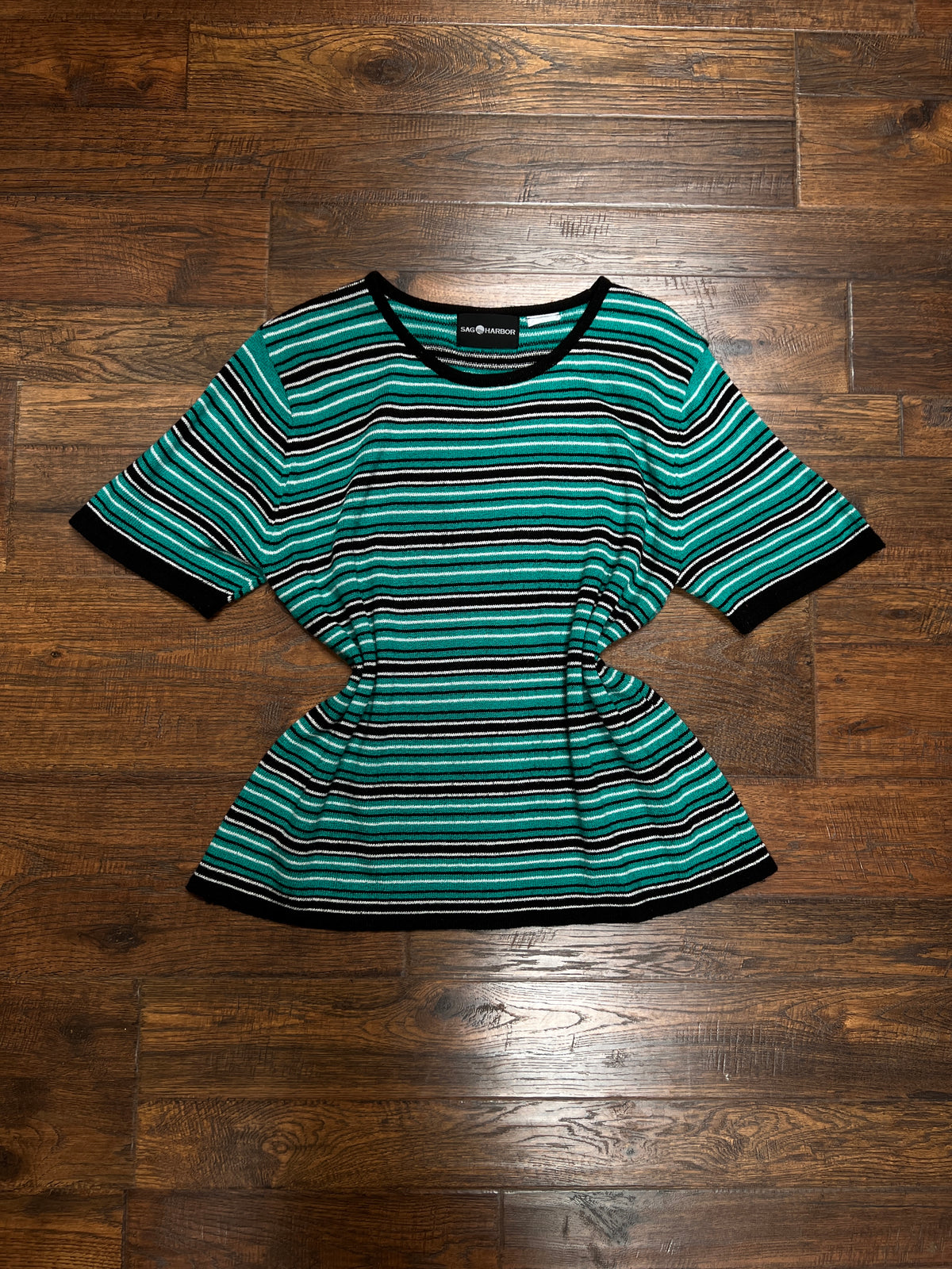 Vintage Sag Harbor Knit Top – Striped Turquoise and Black - Medium