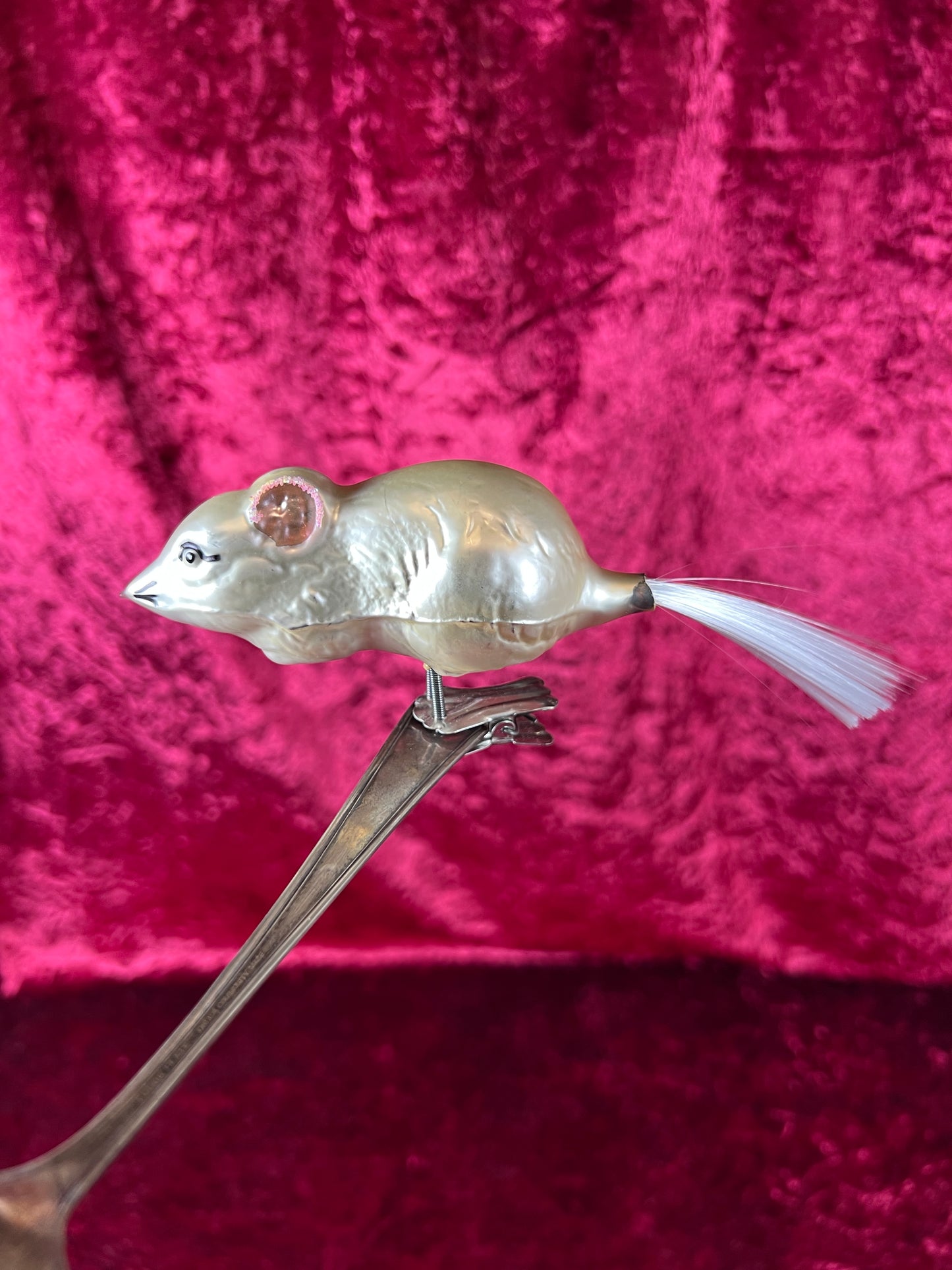 Vintage Christmas - Glass Clip-On Ornament - White Mouse with Nylon Hair Tail