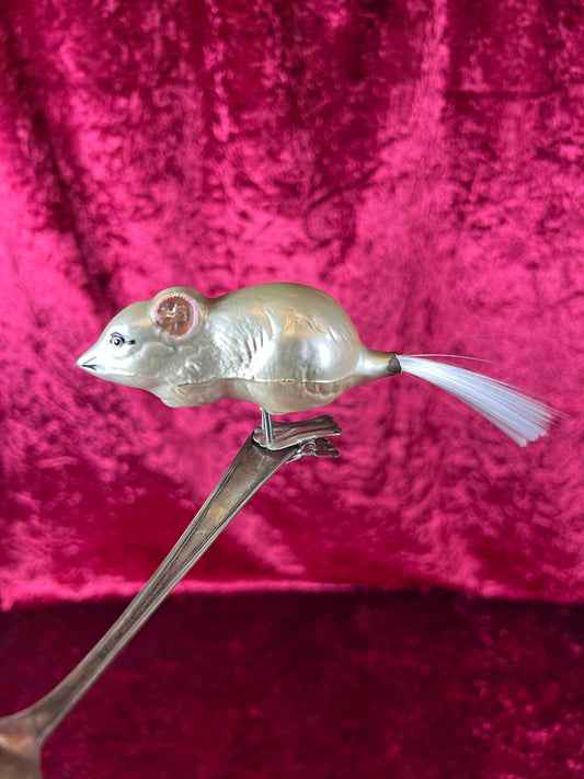 Vintage Christmas - Glass Clip-On Ornament - White Mouse with Nylon Hair Tail
