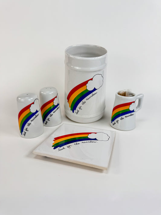 Vintage 1980s "Look For The Rainbow" Kitchen Set - Utensil Holder - S&P - Toothpick & Tile