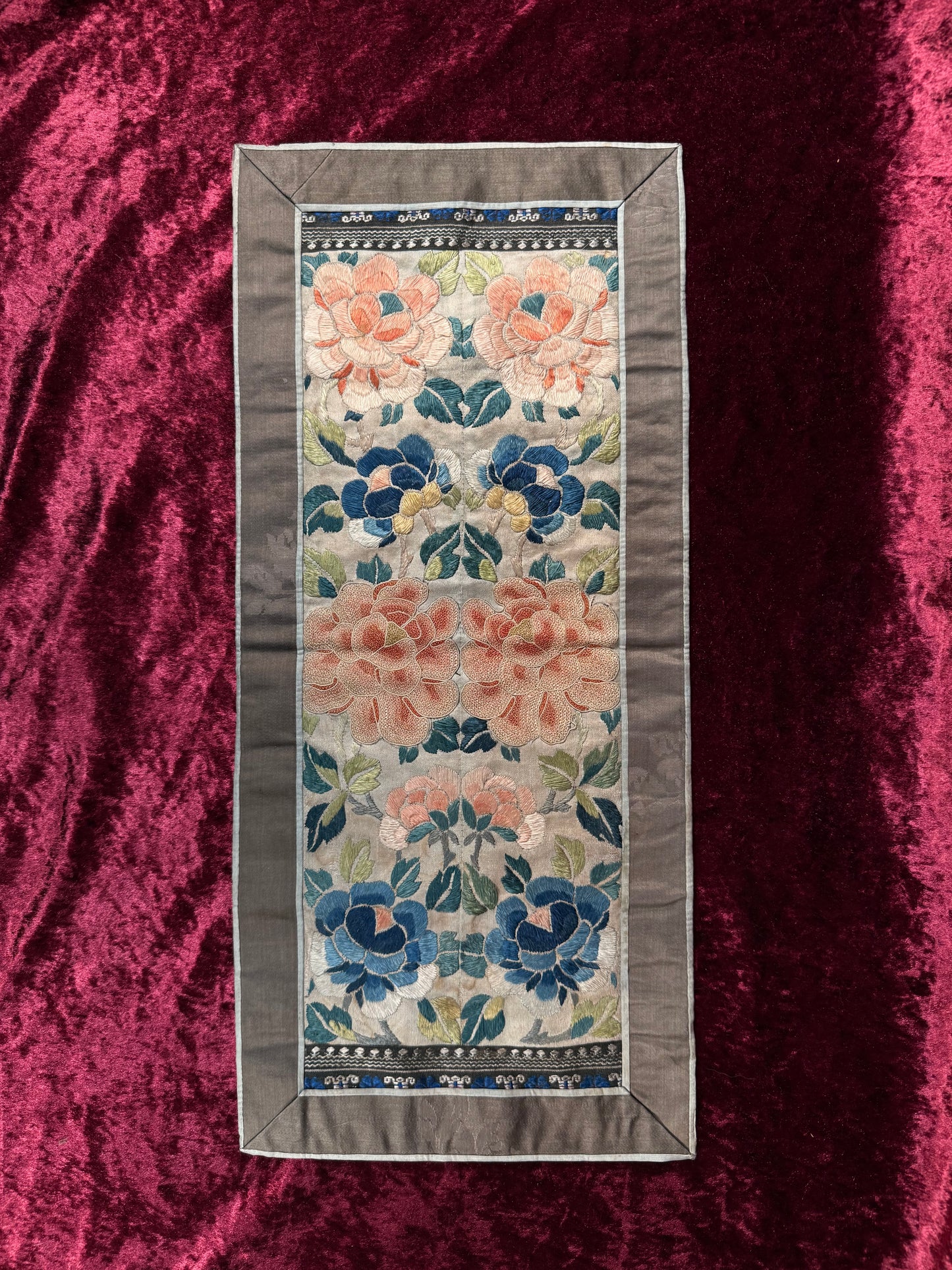 Antique Chinese Silk Sleeve Band – Forbidden Stitch Lotus Flowers - Embroidered Textile Robe Panel