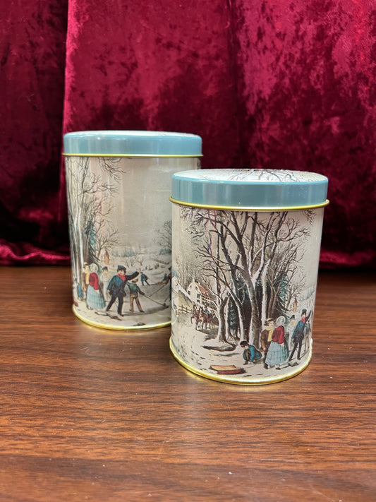 Vintage Christmas - Metal Nesting Tin Canister Set - Old New England Winter Scene - Made In Taiwan R.O.C.