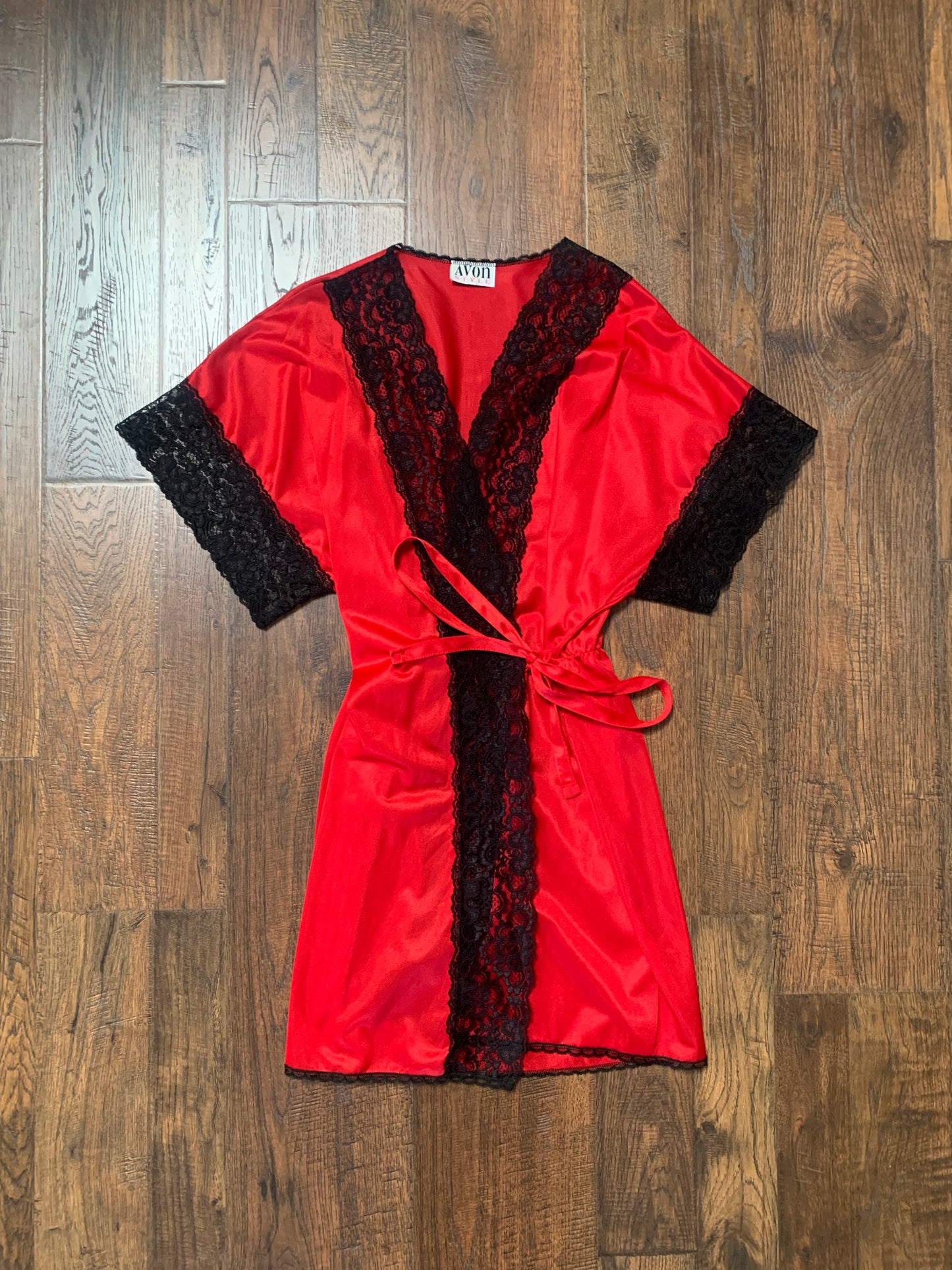 Vintage 1980s Avon Lingerie Robe - Red with Black Lace Trim - Small