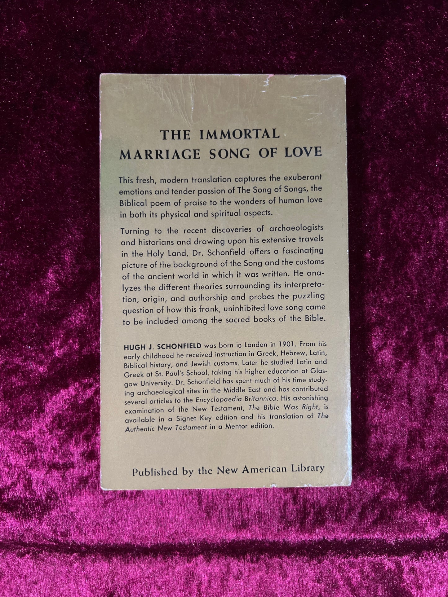 Vintage Paperback Book – The Song Of Songs Hugh J. Schonfield 1959 Mentor Books