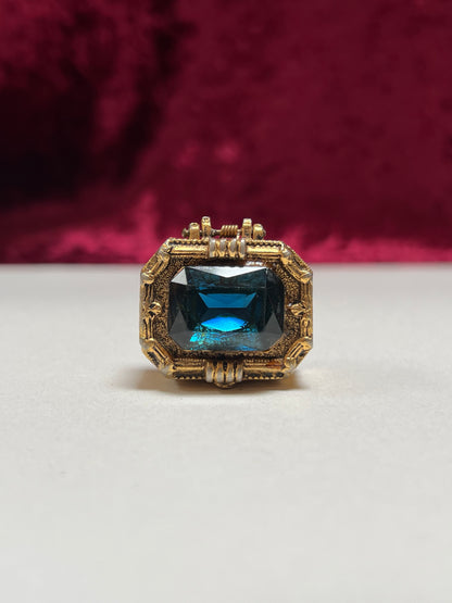 Vintage Trinket Box - Gilt Ormolu Pill / Snuff Box - Blue Jewel Lid - Fleur de Lis Design
