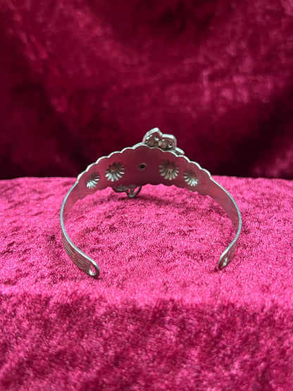 Vintage Jewelry - Cuff Bracelet - Engraved Silver Tone Metal - Faux Turquoise Center
