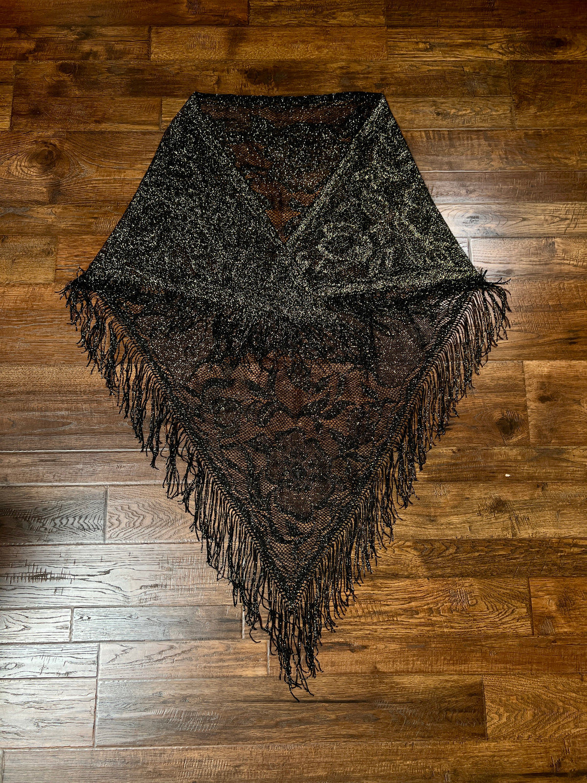 Vintage Metallic Net Shawl - Black Gold Floral Lace Fringe Triangle Wrap