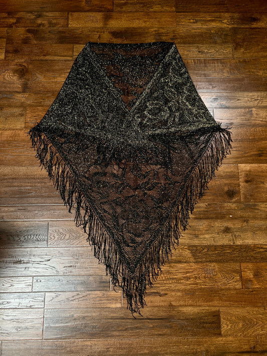 Vintage Metallic Net Shawl - Black Gold Floral Lace Fringe Triangle Wrap