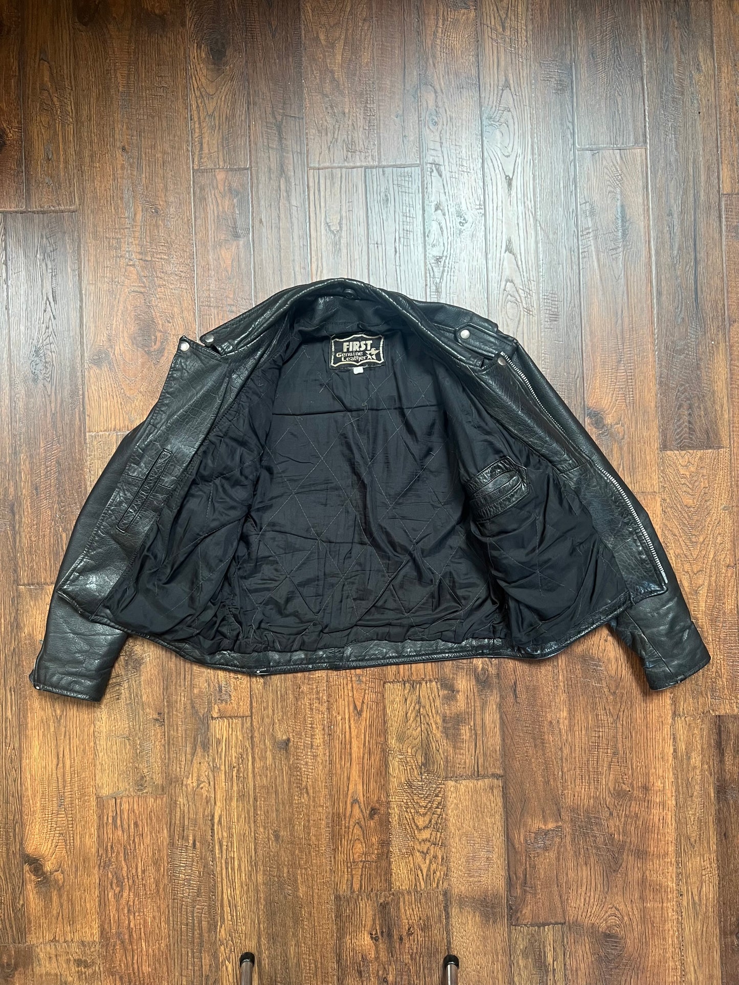 Vintage Clothing - Biker Jacket - First Genuine Leather - Black with Silver Hardware - Large