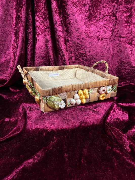 Vintage Raffia Serving Basket - Handwoven Fruit Basket Centerpiece