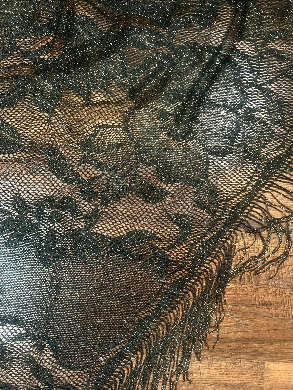 Vintage Metallic Net Shawl - Black Gold Floral Lace Fringe Triangle Wrap