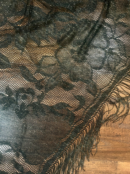 Vintage Metallic Net Shawl - Black Gold Floral Lace Fringe Triangle Wrap