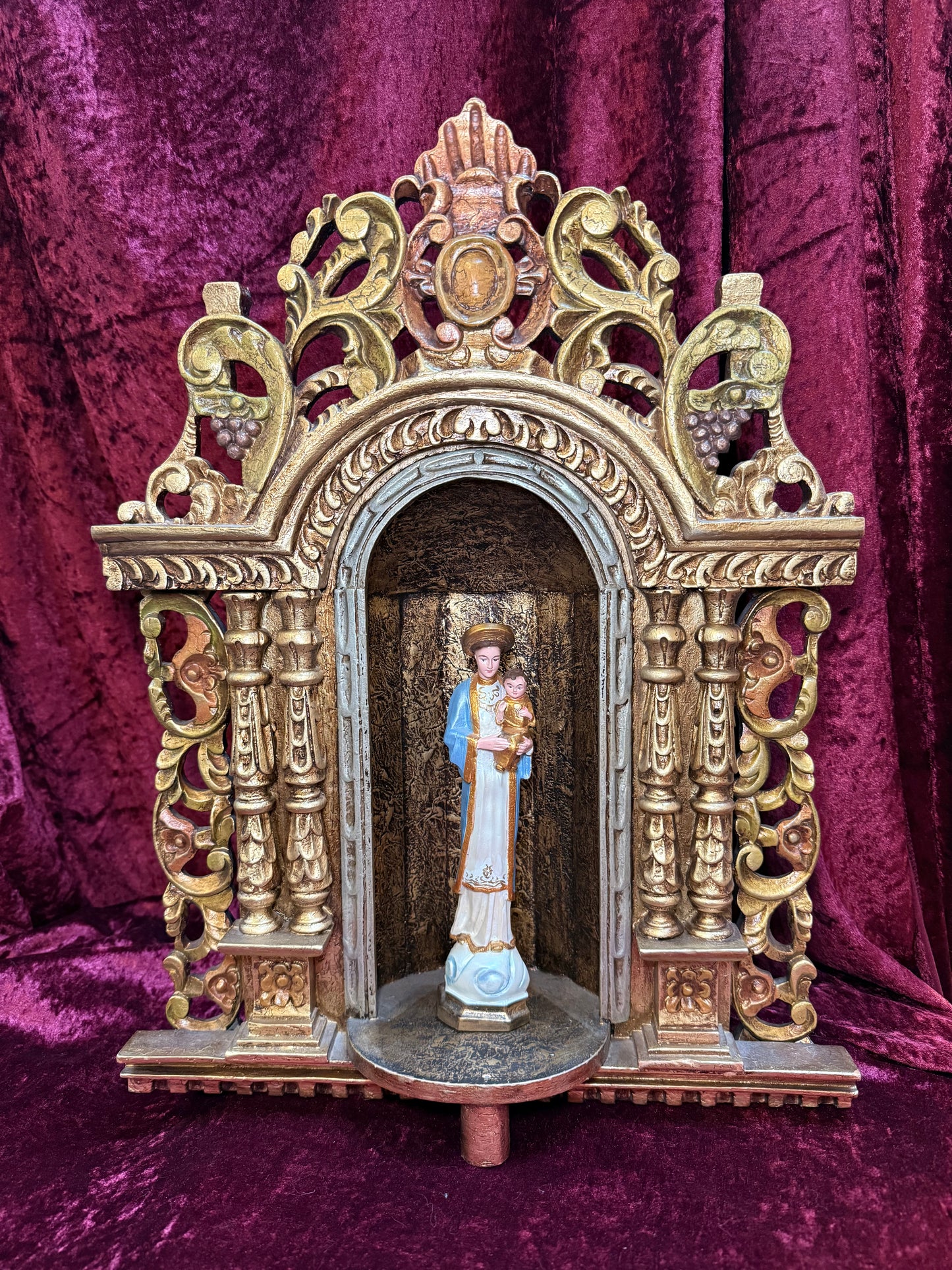 Vintage Hand Carved Wooden Altar - Immaculate Conception of Mary - Gold Shrine Devotional