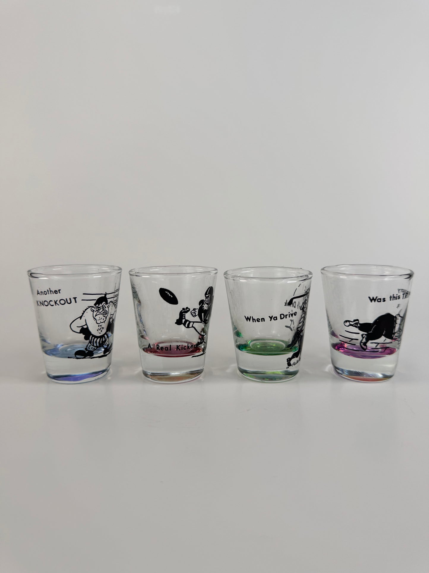 Vintage Barware - Kitschy Sports Humor - 1950s Shot Glass Set of 4