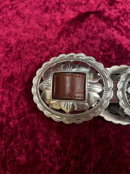 Vintage Brighton Leather Concho Belt - Silver Sunflower Western Belt USA Made - 29.5-33.5"