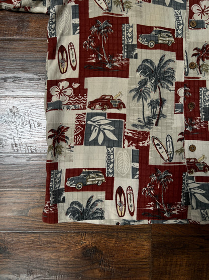 Vintage Paradise Blue Silk Rayon Shirt – Hawaiian Surf Car Print – Size Large