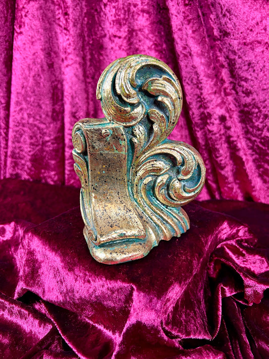 Vintage Home Decor - Single Bookend - Hollywood Regency Gold Scroll with Blue Undertones