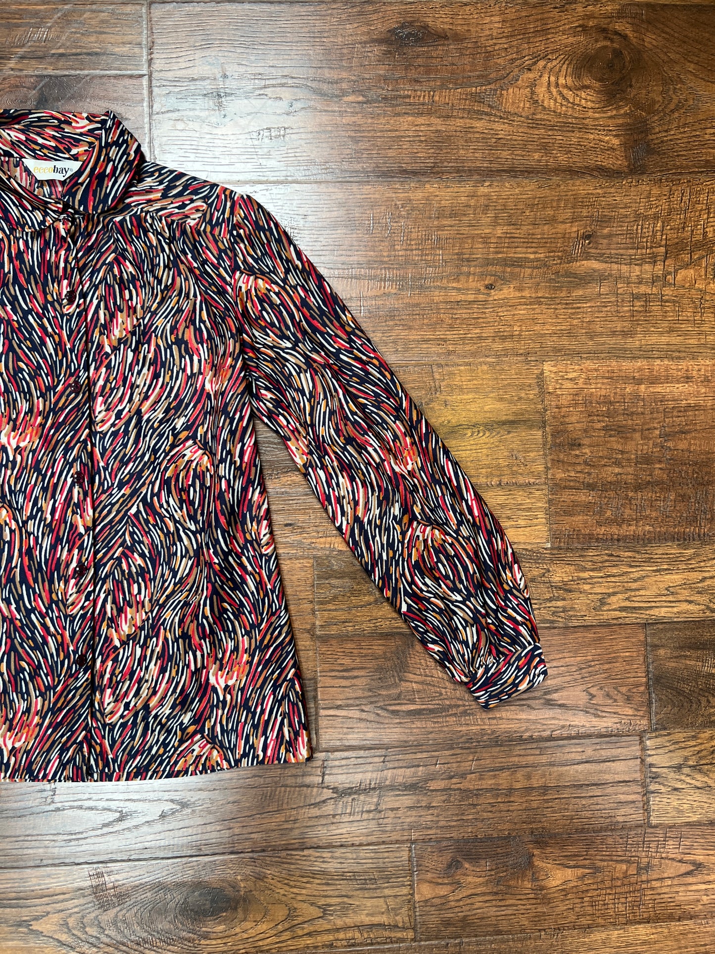 Vintage Clothing - Sheer Button Front Blouse - Abstract Paint Strokes Pattern - Ecco Bay - Medium